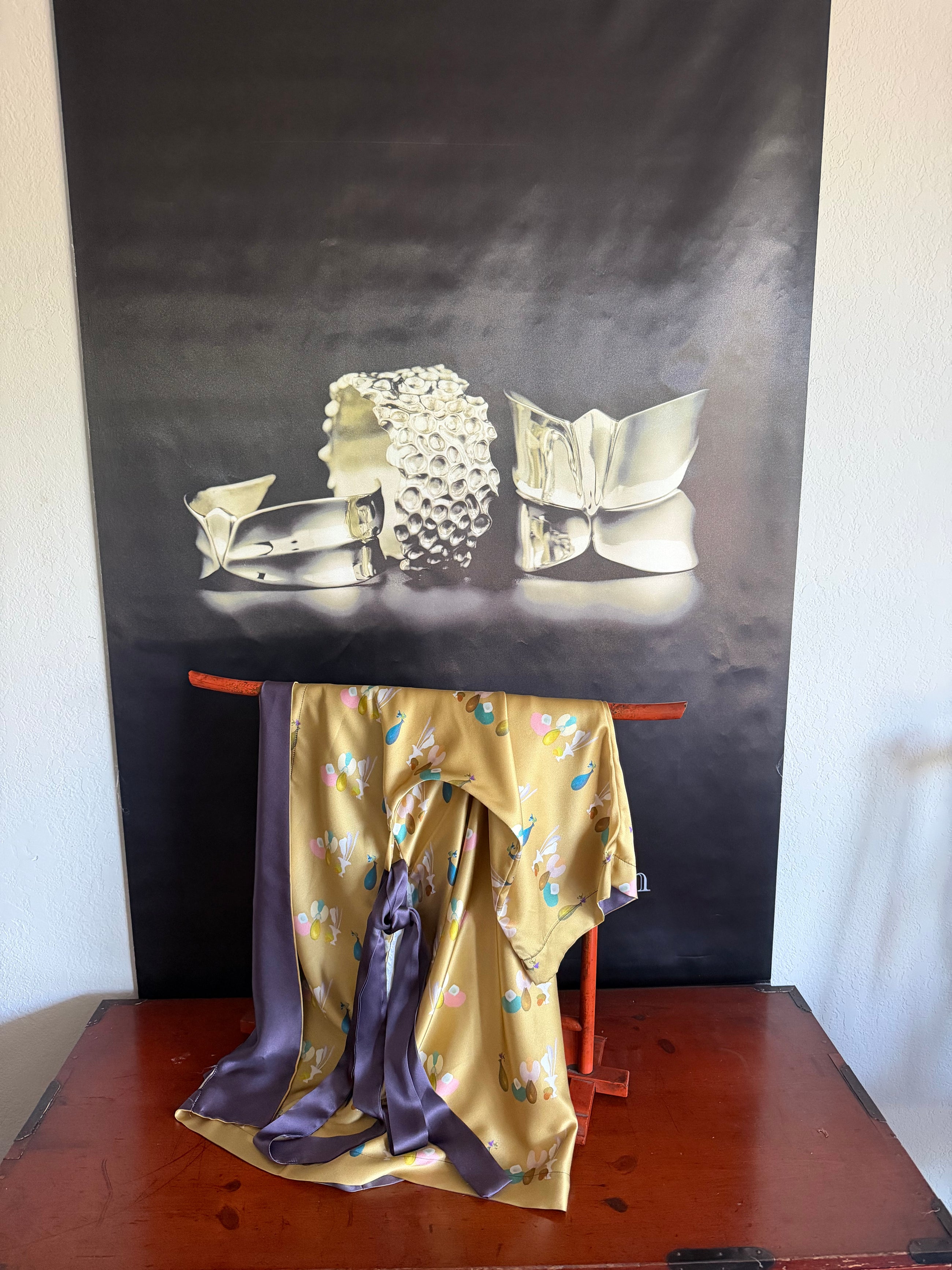 Kimono ~ Silk Kimono "Still Life with Birds and Orchid" in Gold