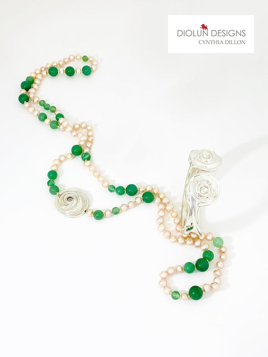Necklace ~ Fresh Water Pearls and Aventurine with Swirl in Sterling Silver - DiolunDesigns