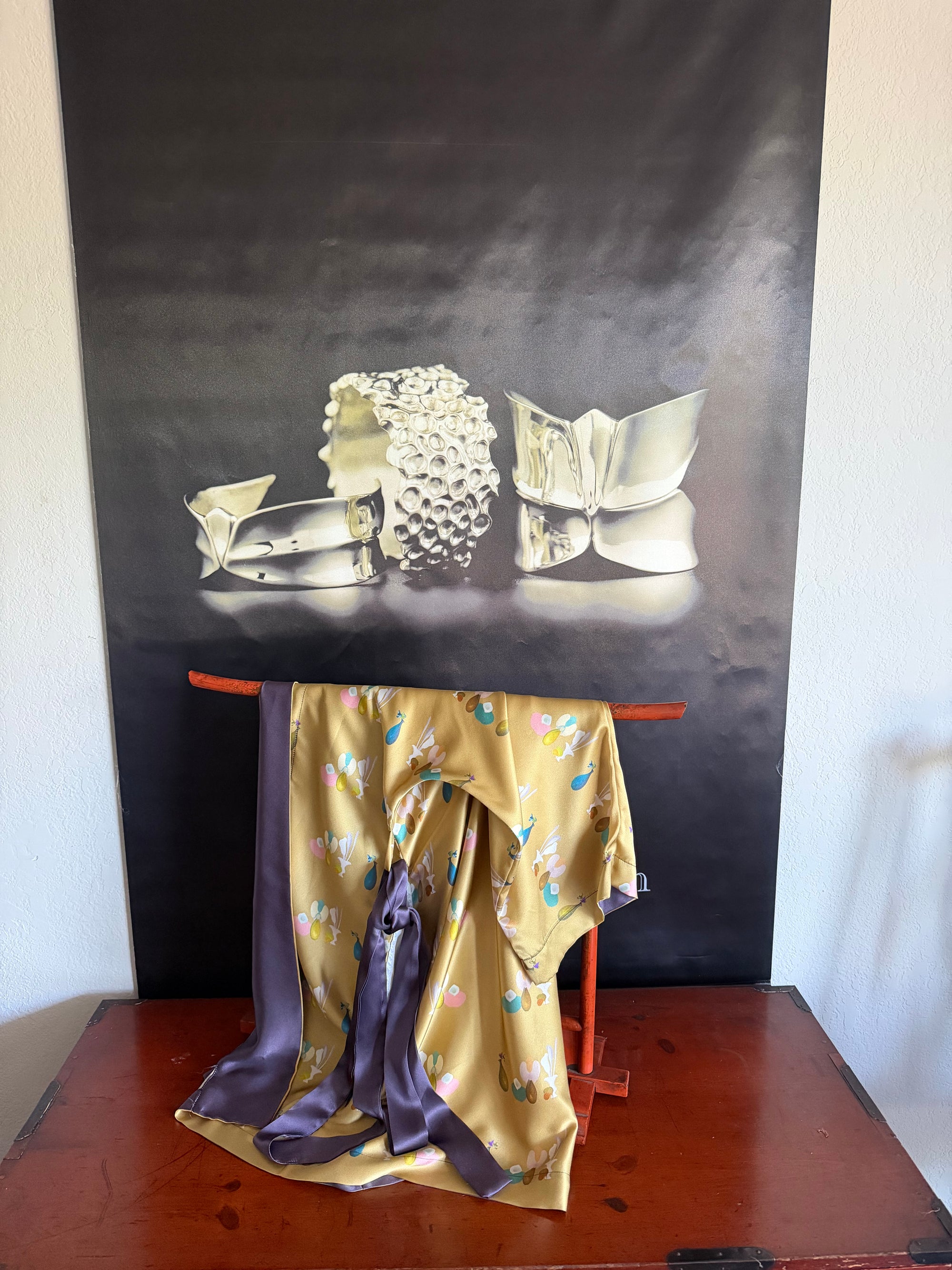 Kimono ~ Silk Kimono "Still Life with Birds and Orchid" in Gold