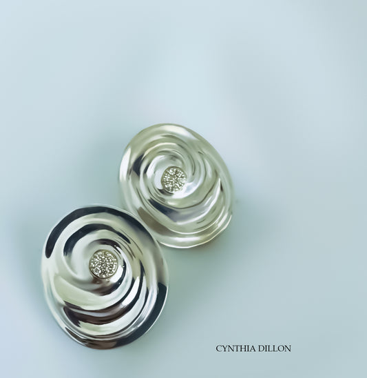 Earrings ~ Sculpted "Swirls with Pave Diamonds in 18KT Gold bezel" in Sterling Silver