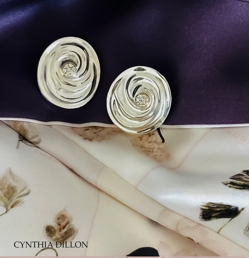 Earrings ~ Sculpted "Swirls with Pave Diamonds in 18KT Gold bezel" in Sterling Silver