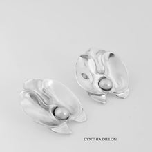 Earrings - Sculpted "Orchids with Freshwater Pearl" in Sterling Silver