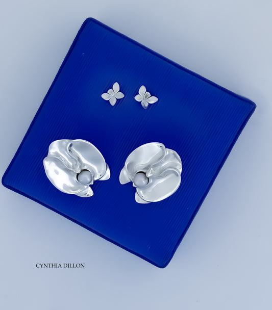 Earrings - Sculpted "Orchids with Freshwater Pearl" in Sterling Silver