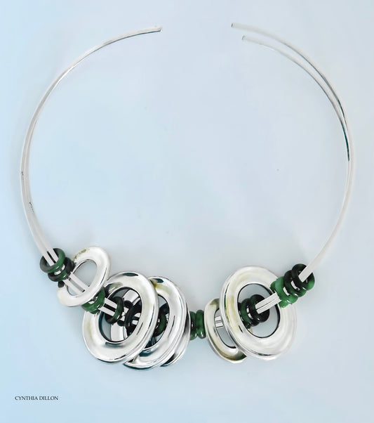 Necklace ~  Sculpted Ovals in Sterling Silver with Jade Accents on a Sterling Silver Wire Choker