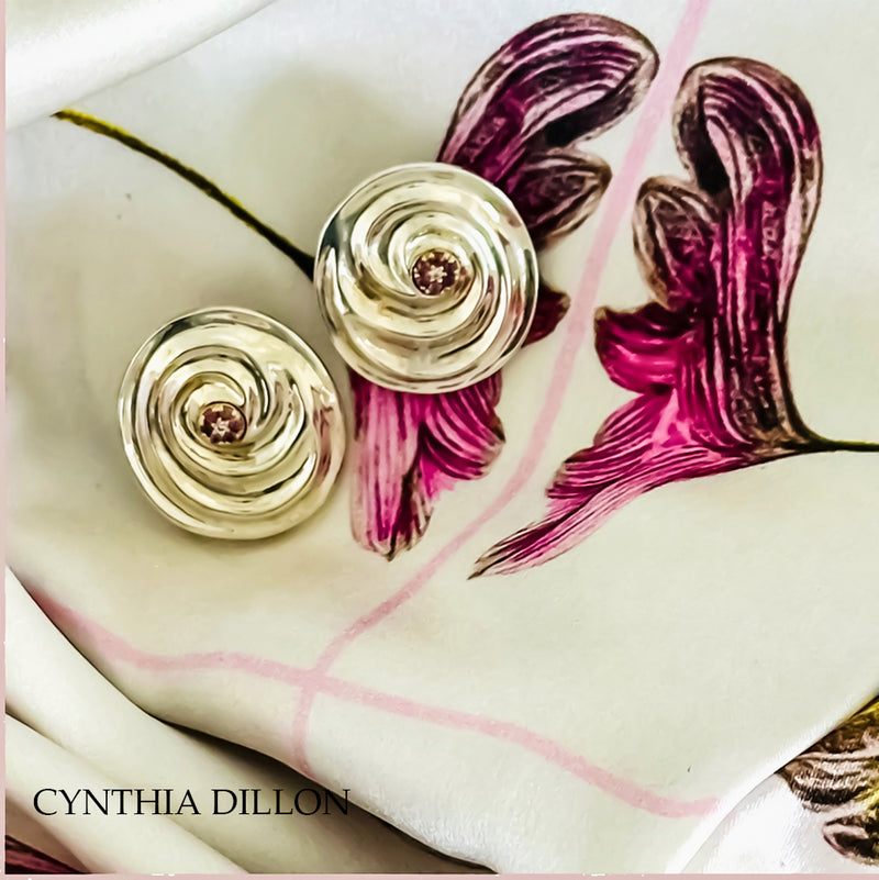 Earrings ~  Sculpted "Swirls" in Sterling Silver with Rubies in Pave