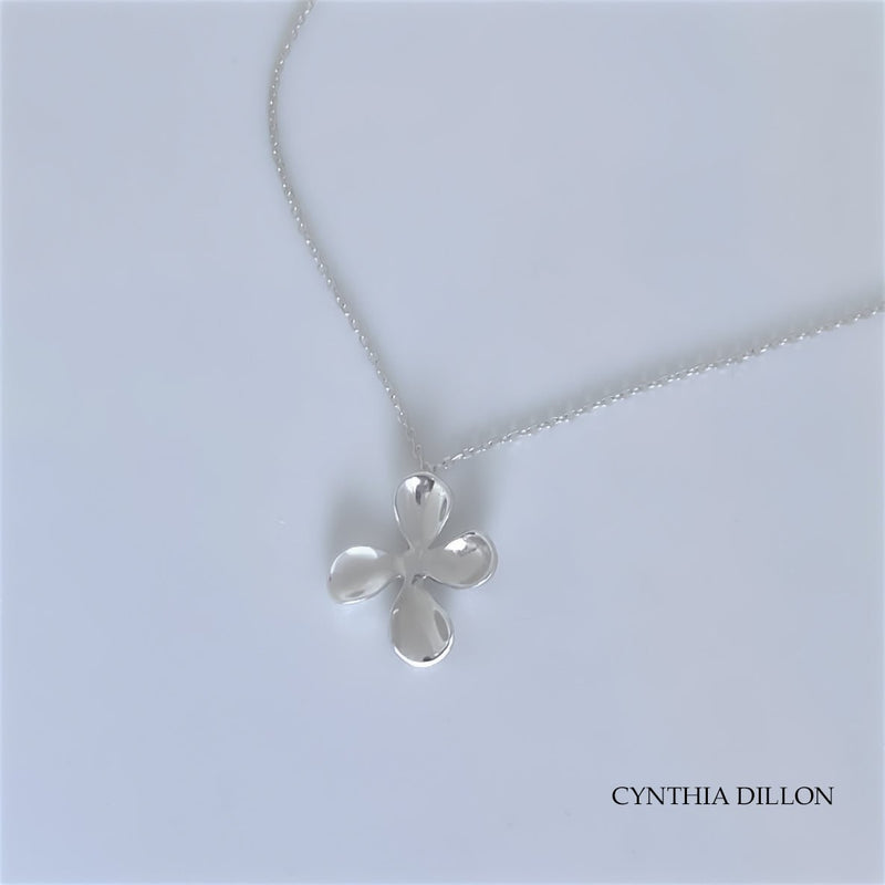 Pendant -  Sculpted "Flower - 4 Petals" Sculpted in S/S w. 16" Chain.
