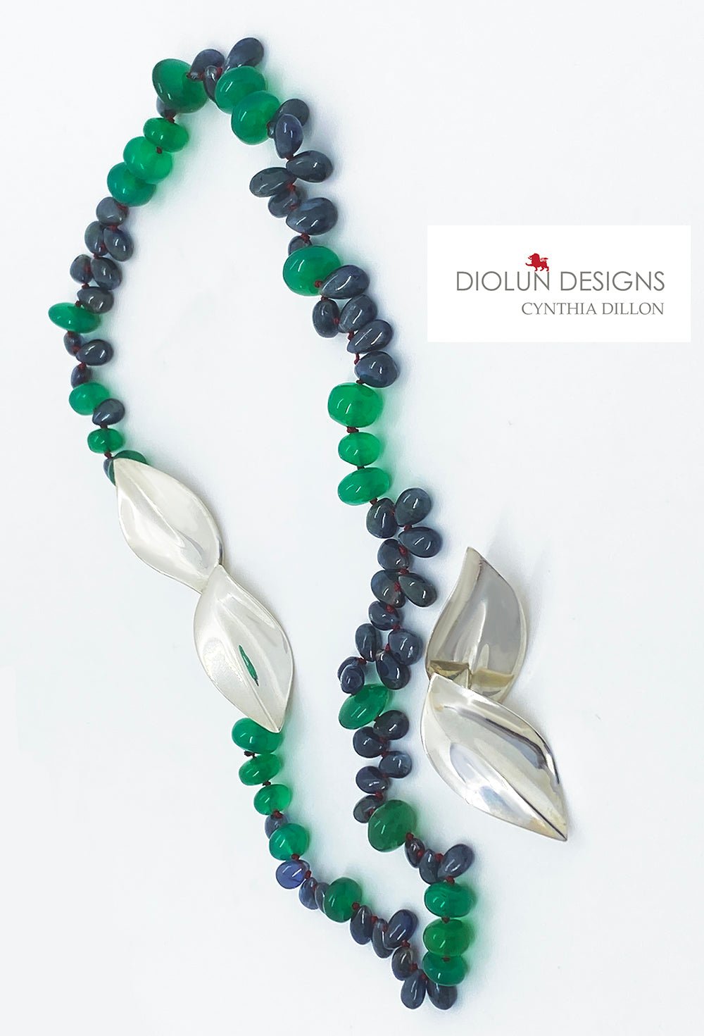 Necklace - Blue Sapphire Drops and Green Onyx w.  Sterling Silver "Leaves" Clasp - DiolunDesigns