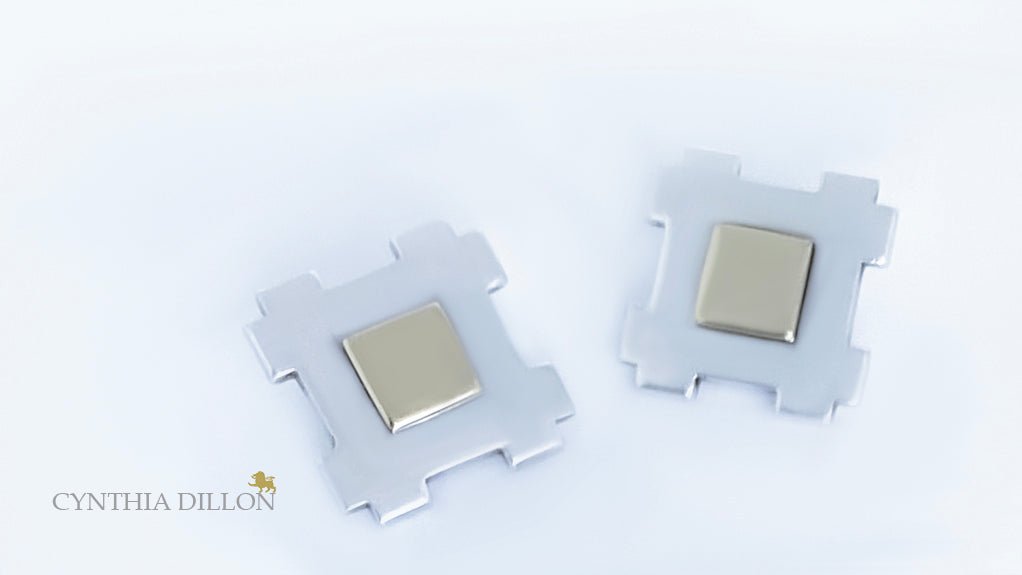 Earrings - Sculpted "Mini" Squares in Sterling Silver w. 18 KT Gold accents - DiolunDesigns
