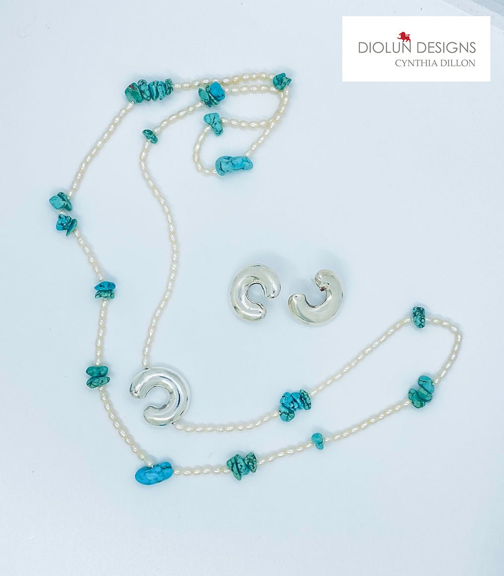 Necklace ~ Fresh Water Pearls and Turquoise with Sterling Silver Half Moon - DiolunDesigns