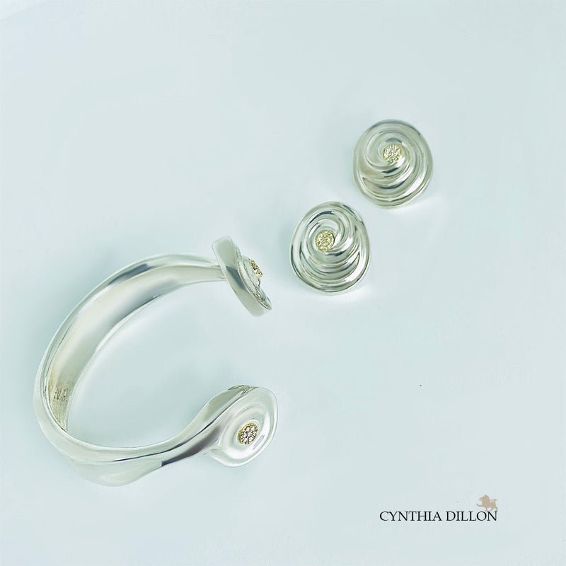 Bracelet - Sculpted "Swirls" in Sterling Silver w. Diamond Accents - DiolunDesigns