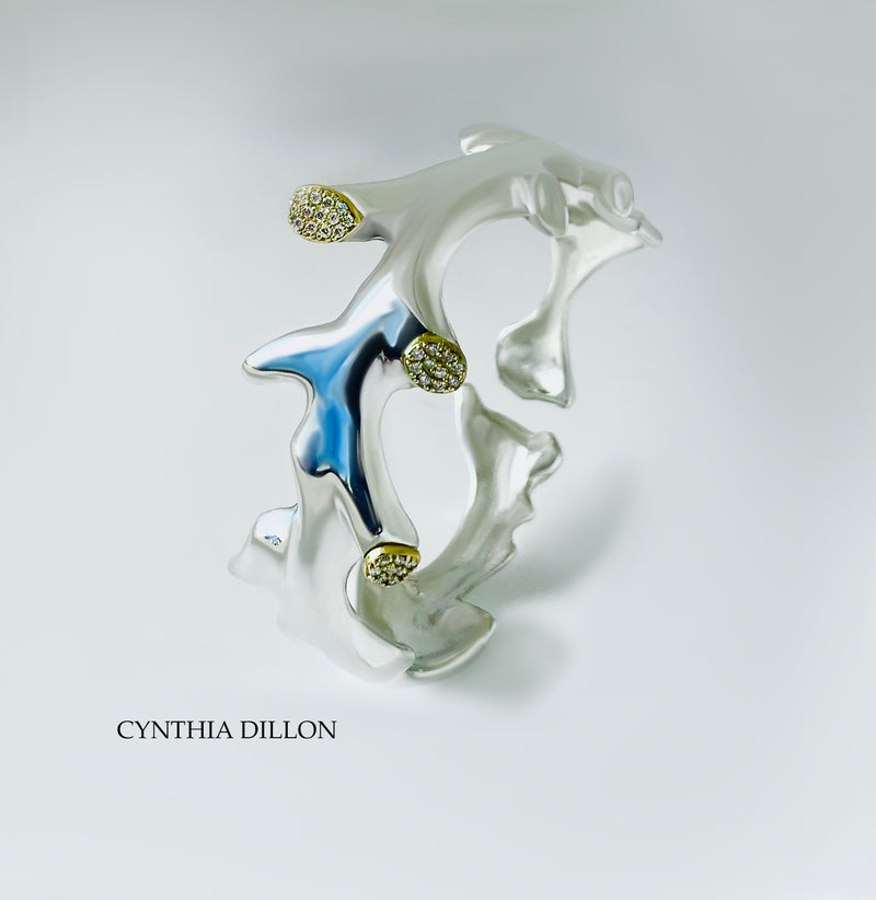 Bracelet - Sculpted "Twig" with Pave Diamonds, in Sterling Silver